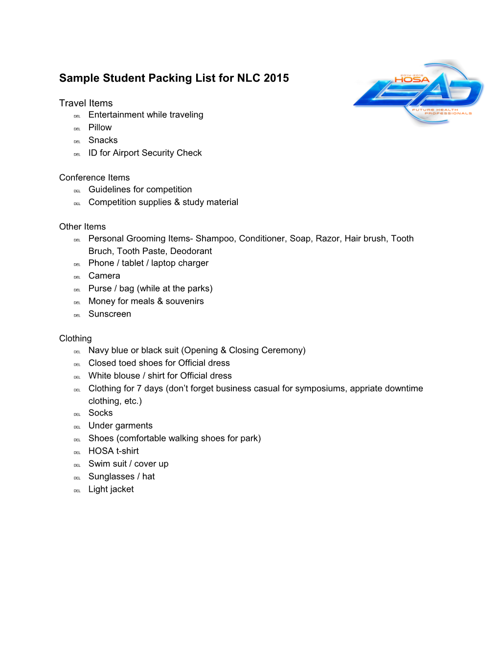 Sample Student Packing List for NLC 2015