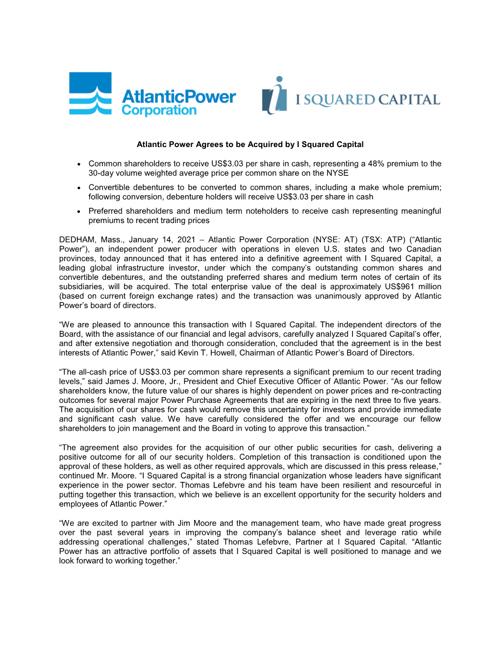 Atlantic Power Agrees to Be Acquired by I Squared Capital