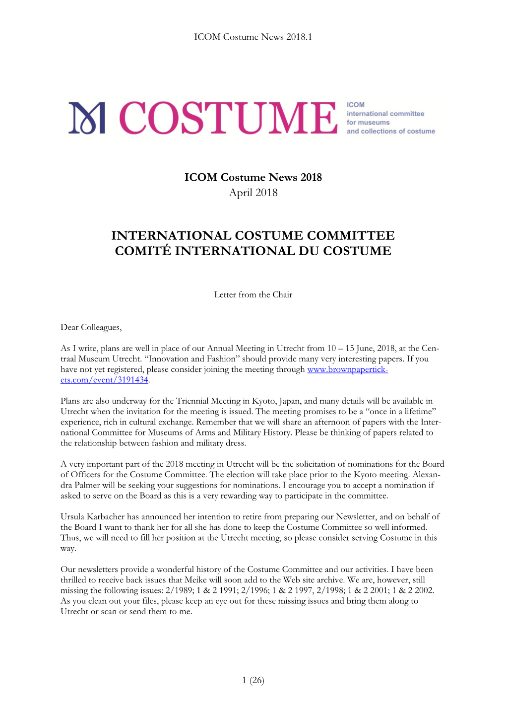 ICOM Costume Newsletter 2018:1