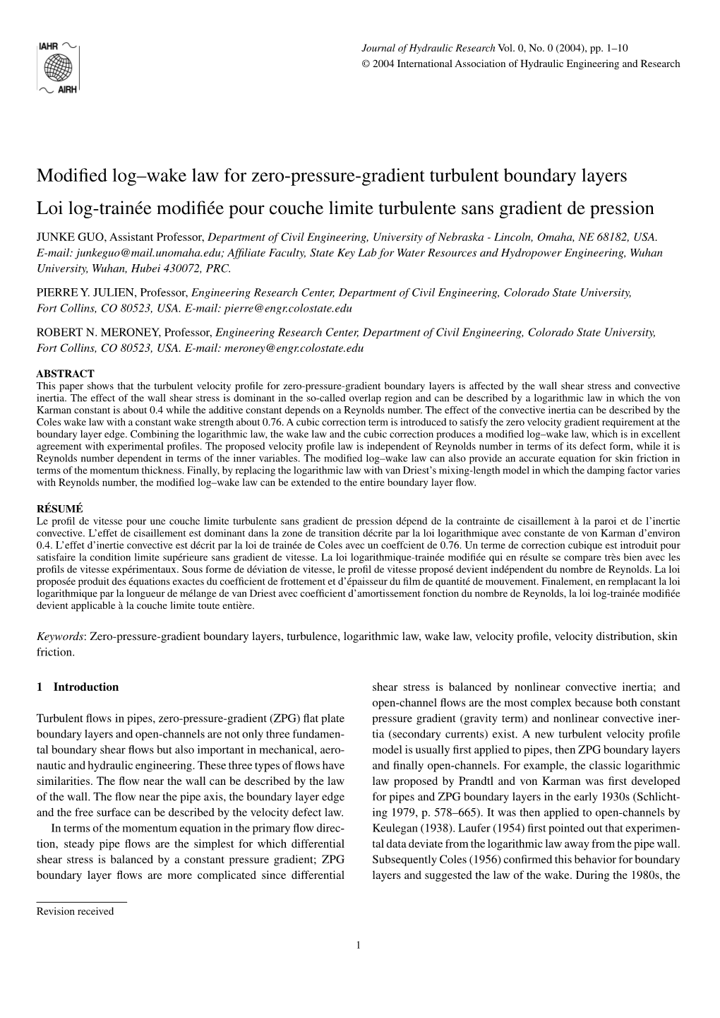 Modified Log–Wake Law for Zero-Pressure-Gradient Turbulent