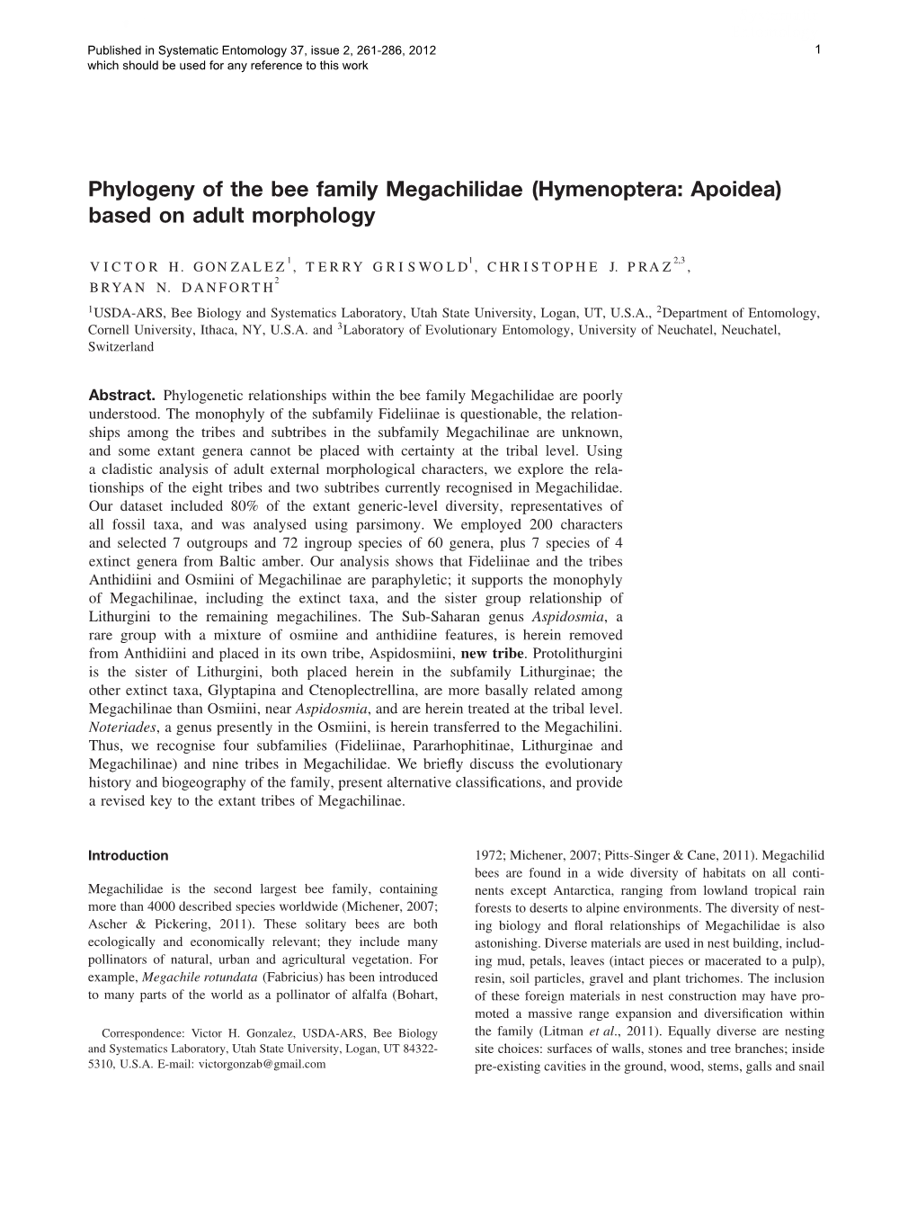 Phylogeny of the Bee Family Megachilidae (Hymenoptera: Apoidea) Based on Adult Morphology