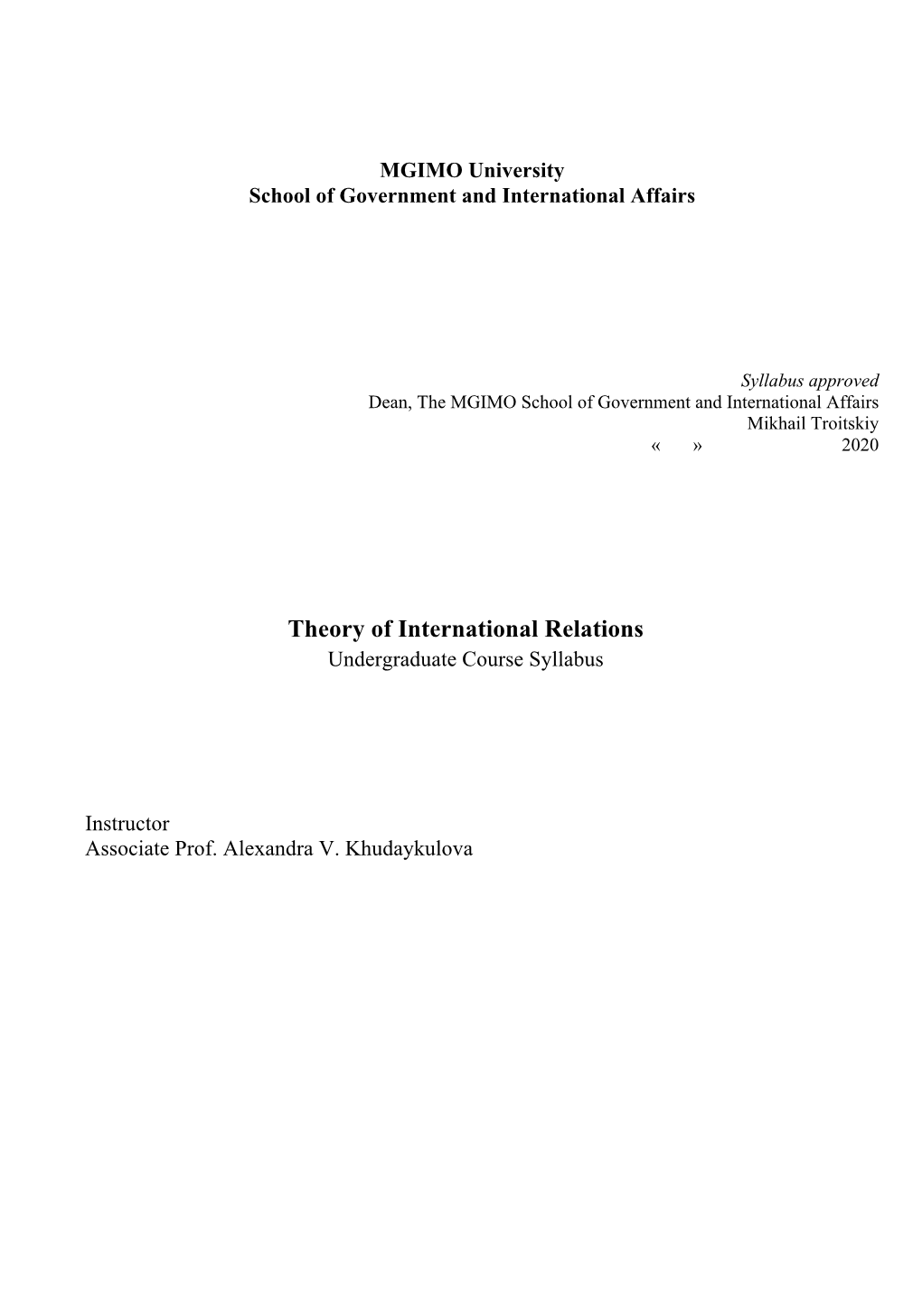 Theory of International Relations Undergraduate Course Syllabus
