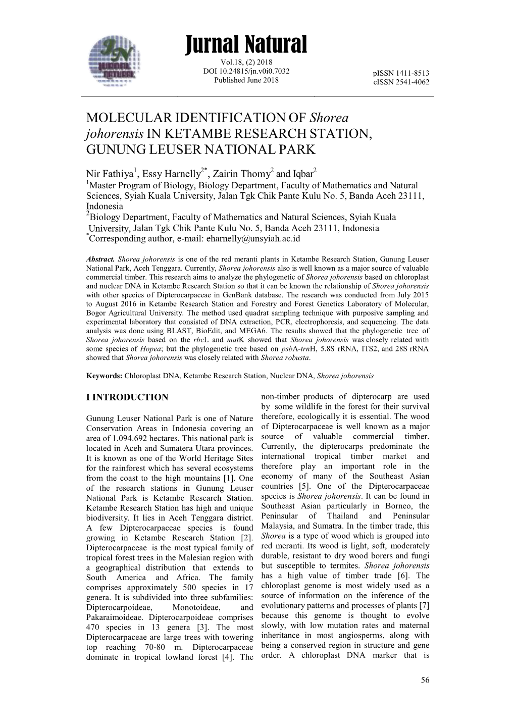 Jurnal Natural Vol.18, (2) 2018 DOI 10.24815/Jn.V0i0.7032 Pissn 1411-8513 Published June 2018 Eissn 2541-4062