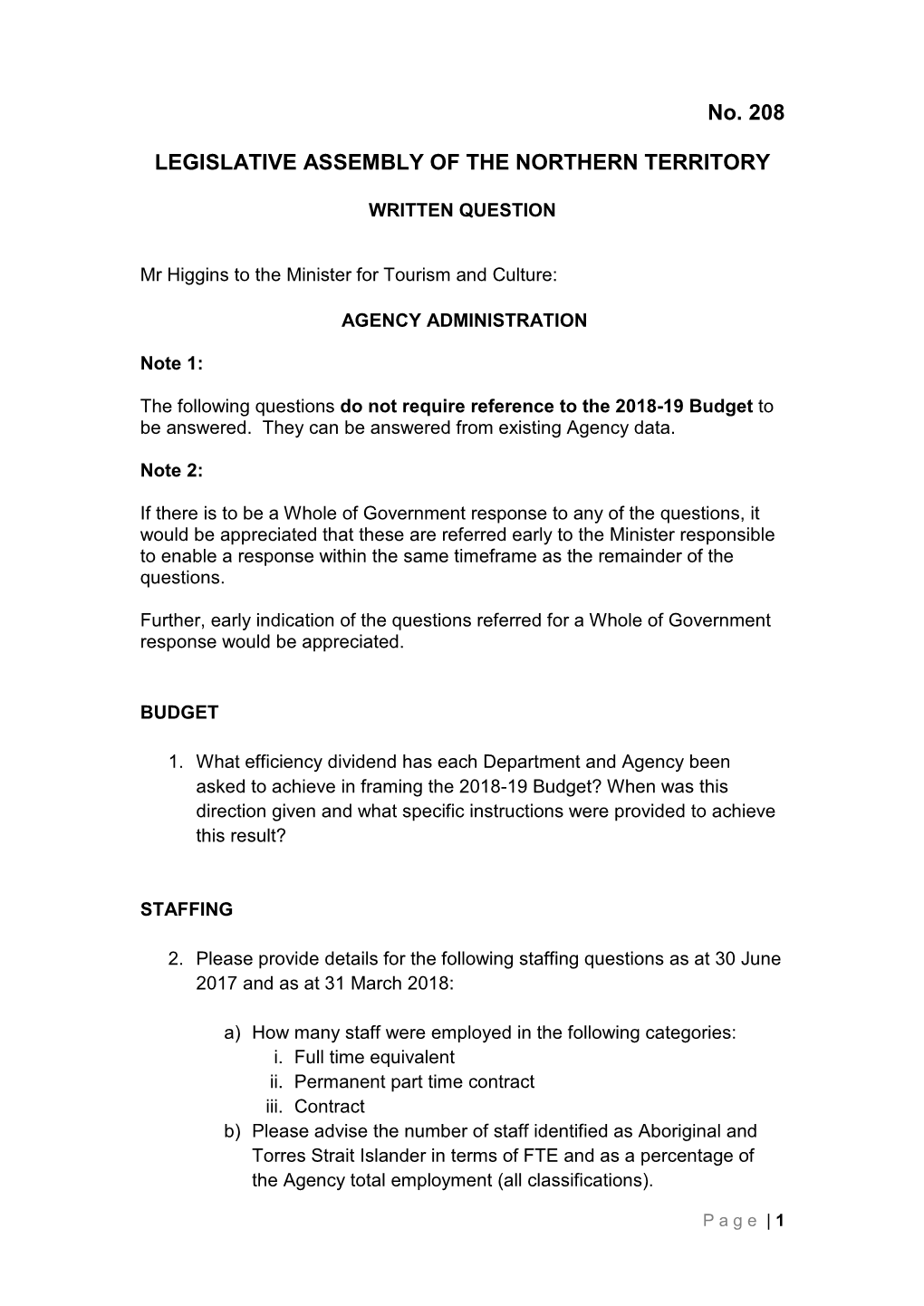 No. 208 LEGISLATIVE ASSEMBLY of the NORTHERN TERRITORY