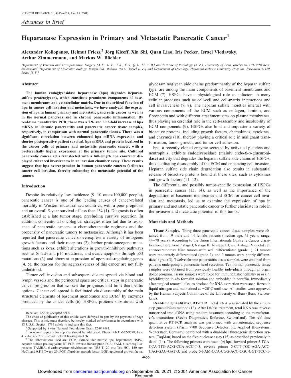 Heparanase Expression in Primary and Metastatic Pancreatic Cancer1