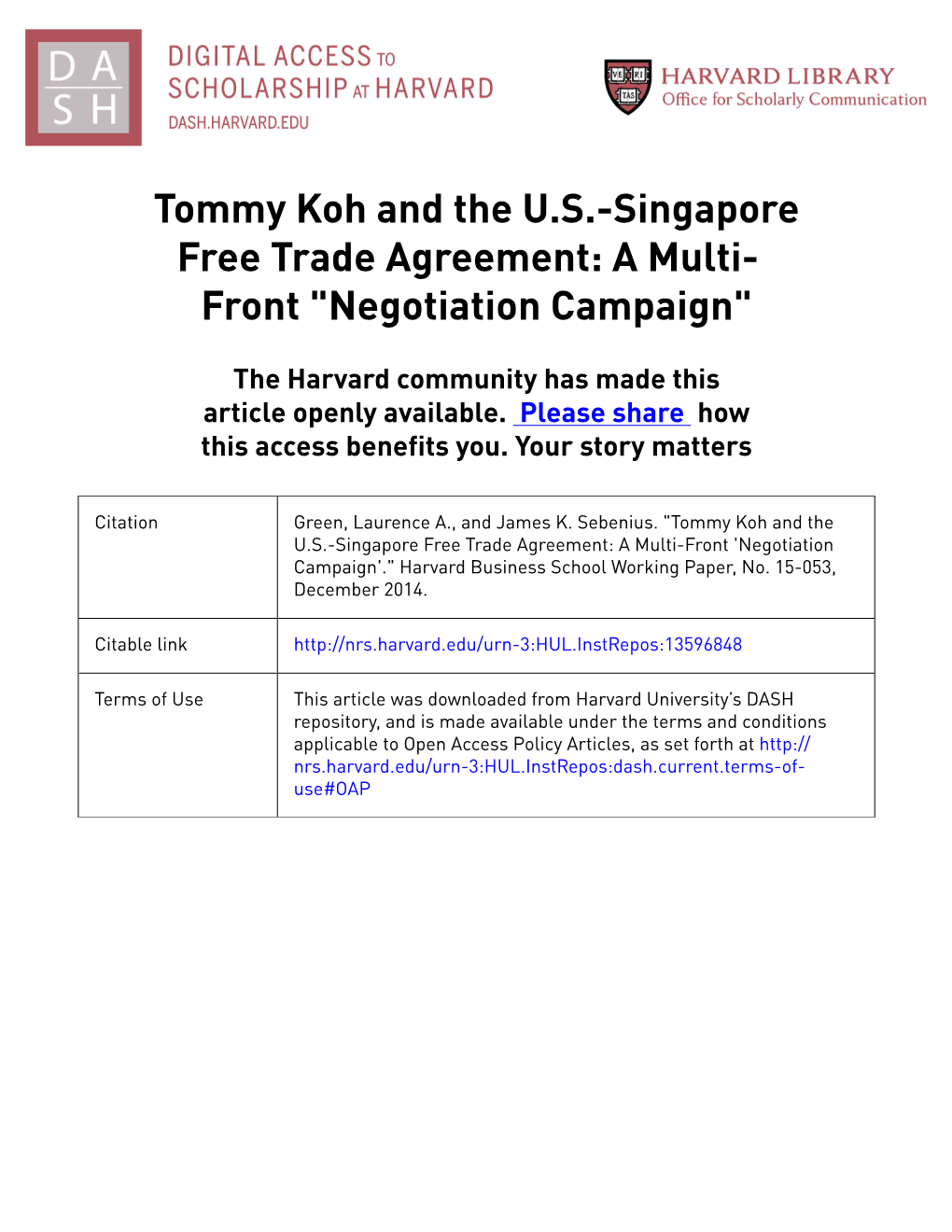 Tommy Koh and the US-Singapore Free Trade