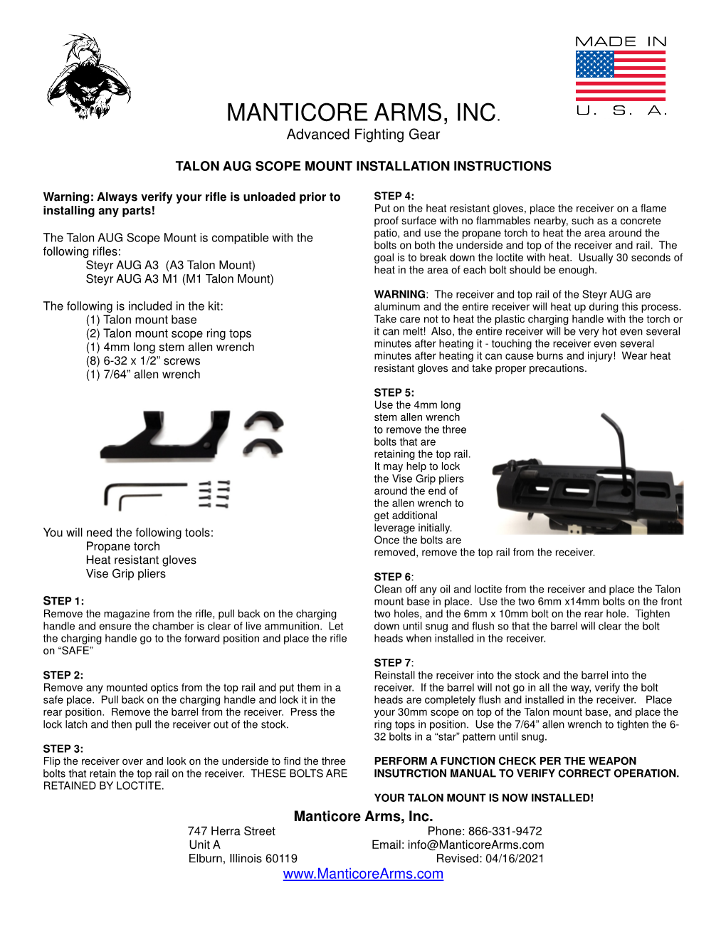 Manticore Arms, Inc. 747 Herra Street Phone: 866-331-9472 Unit a Email: Info@Manticorearms.Com Elburn, Illinois 60119 Revised: 04/16/2021