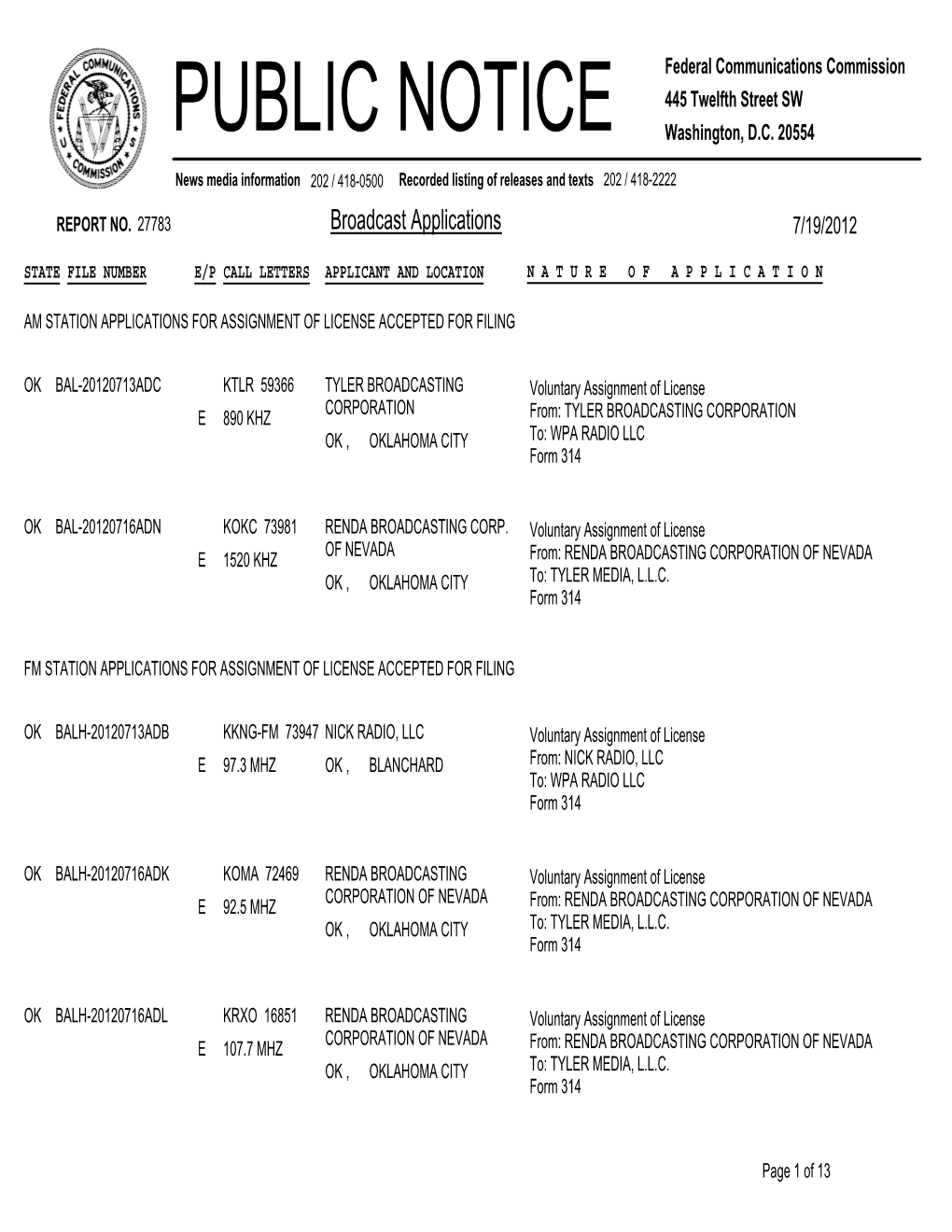 Broadcast Applications 7/19/2012