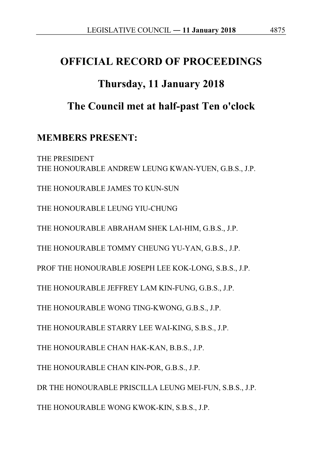 OFFICIAL RECORD of PROCEEDINGS Thursday, 11