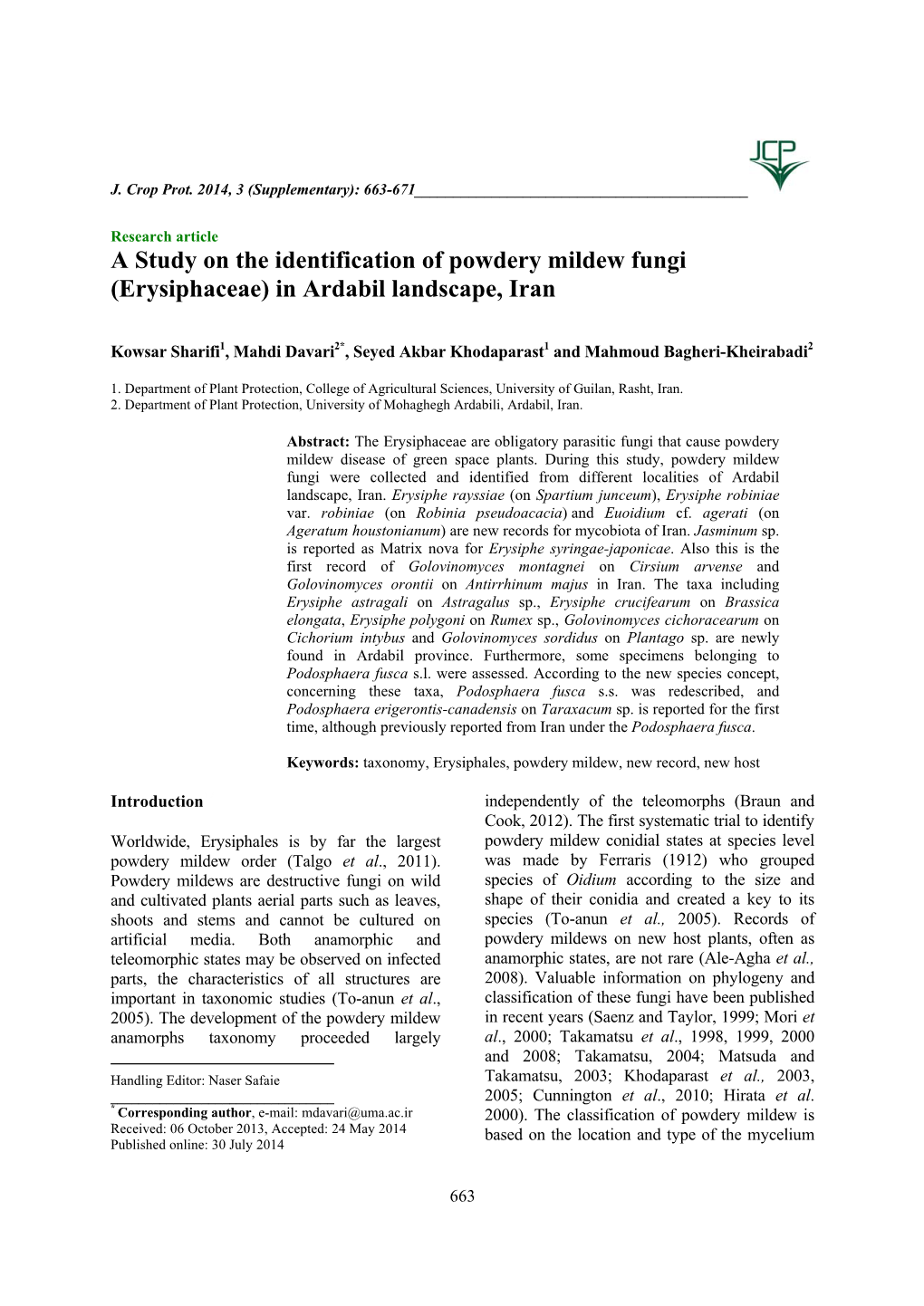 A Study on the Identification of Powdery Mildew Fungi (Erysiphaceae) in Ardabil Landscape, Iran