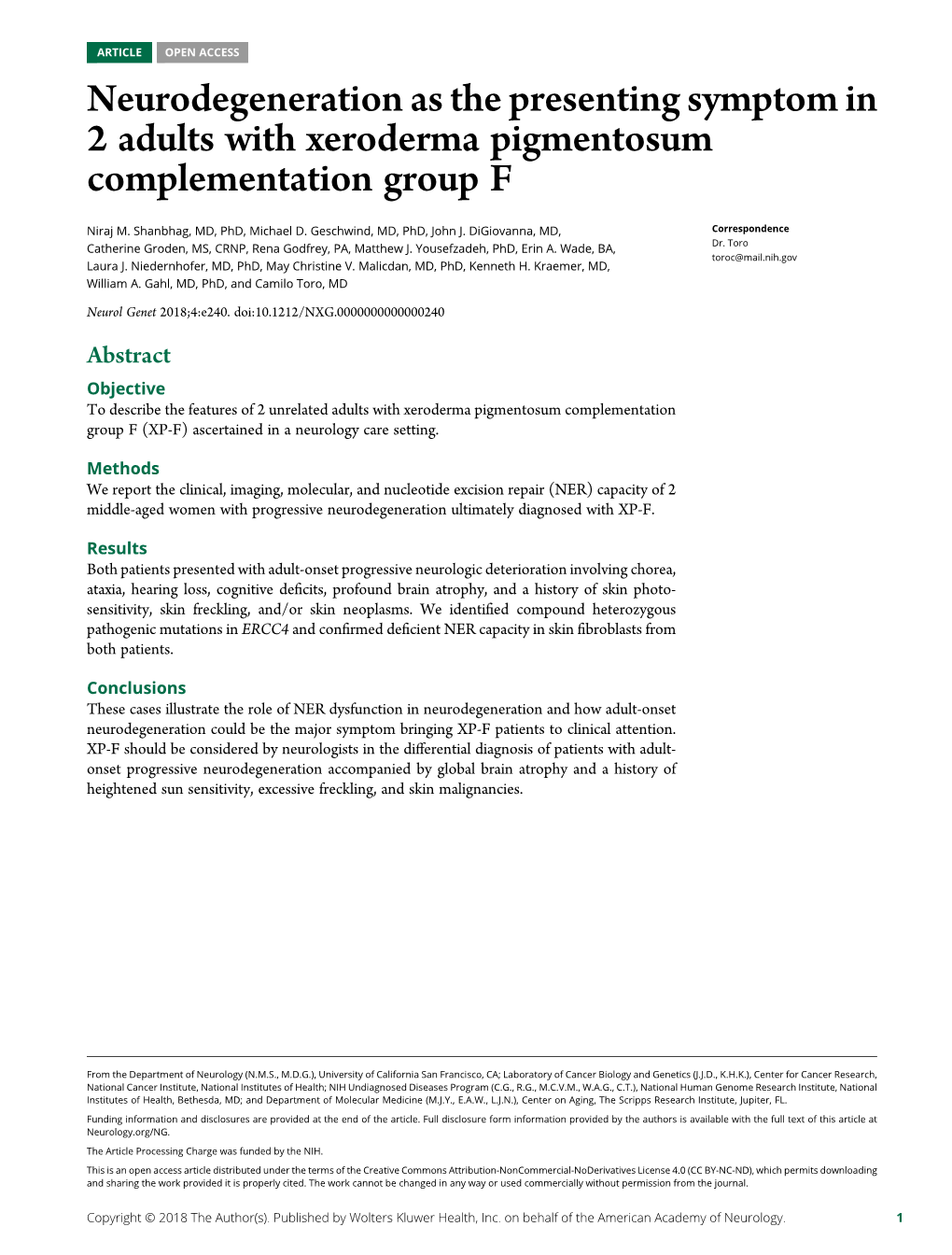 Neurodegeneration As the Presenting Symptom in 2 Adults with Xeroderma Pigmentosum Complementation Group F