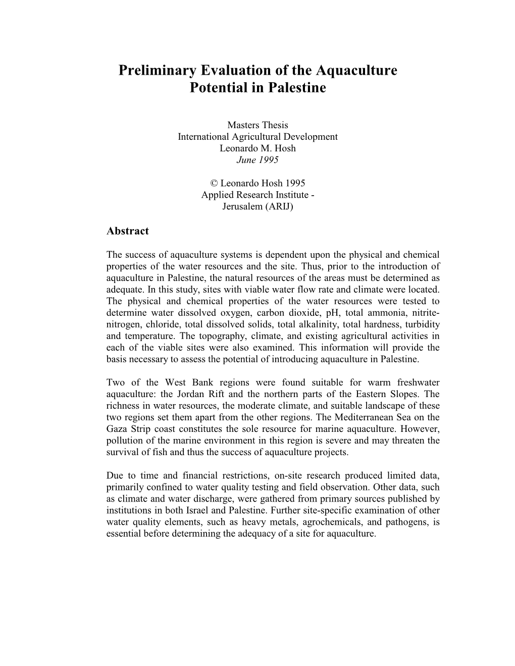 Preliminary Evaluation of the Aquaculture Potential in Palestine