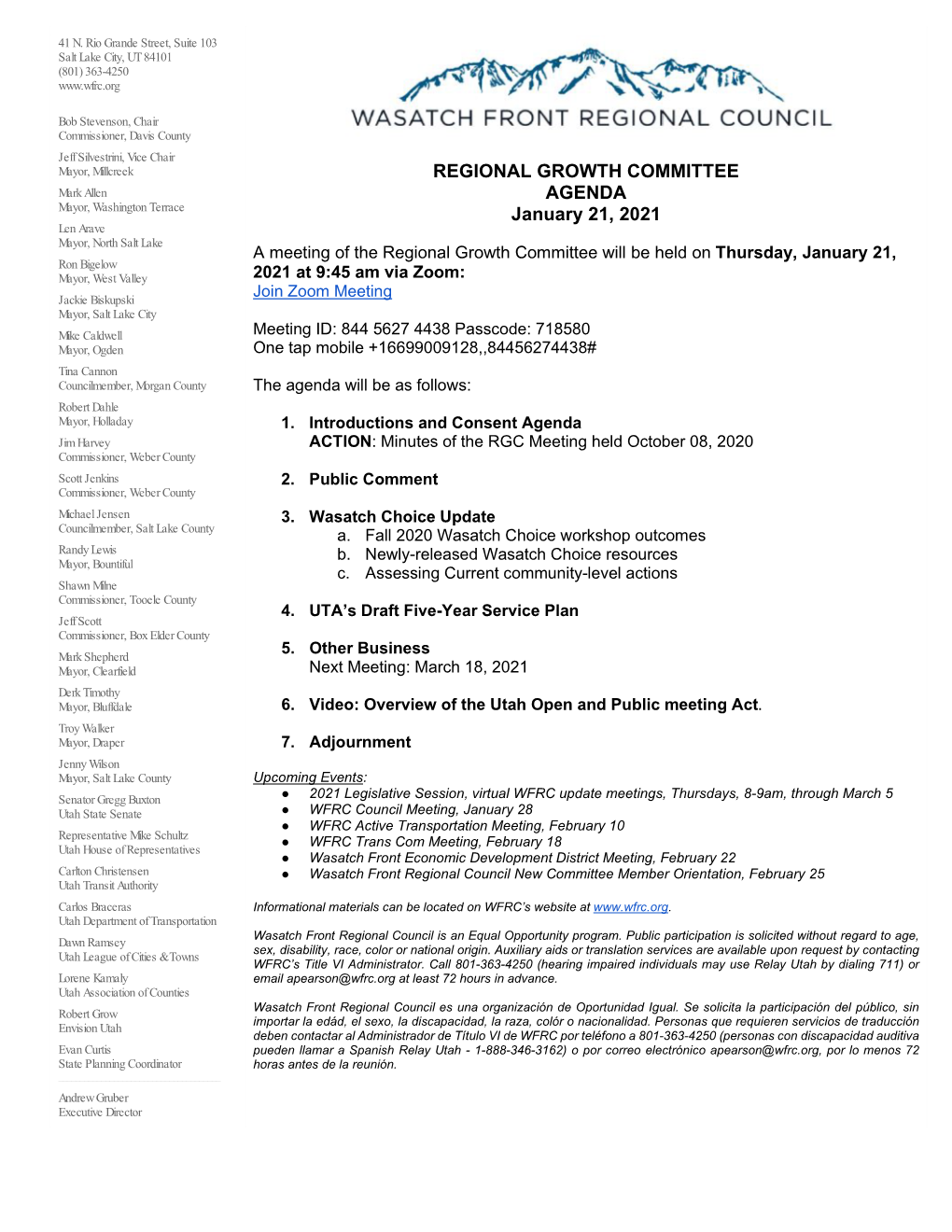 REGIONAL GROWTH COMMITTEE AGENDA January 21, 2021