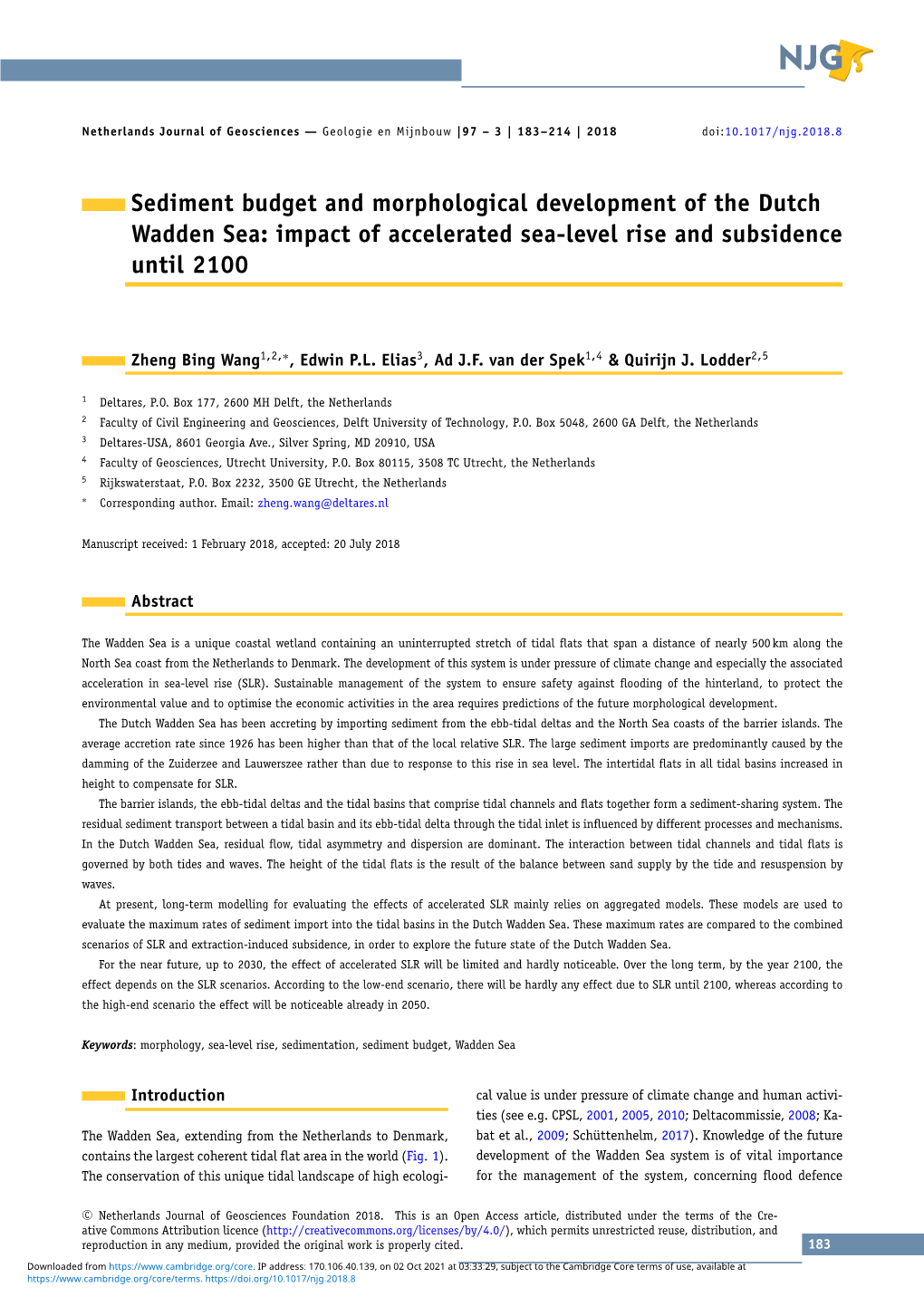 Sediment Budget and Morphological Development of the Dutch Wadden Sea: Impact of Accelerated Sea-Level Rise and Subsidence Until 2100