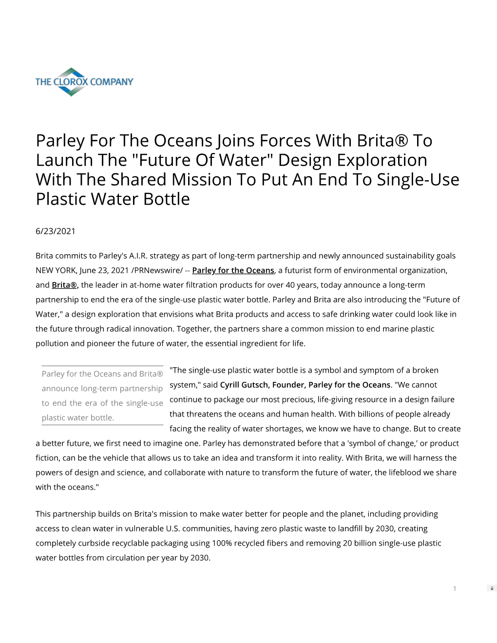 Parley for the Oceans Joins Forces with Brita® to Launch the "Future