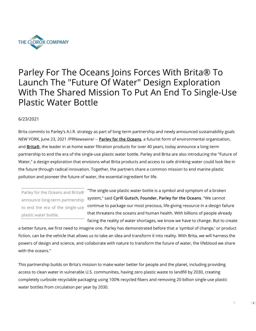 Parley for the Oceans Joins Forces with Brita® to Launch the 