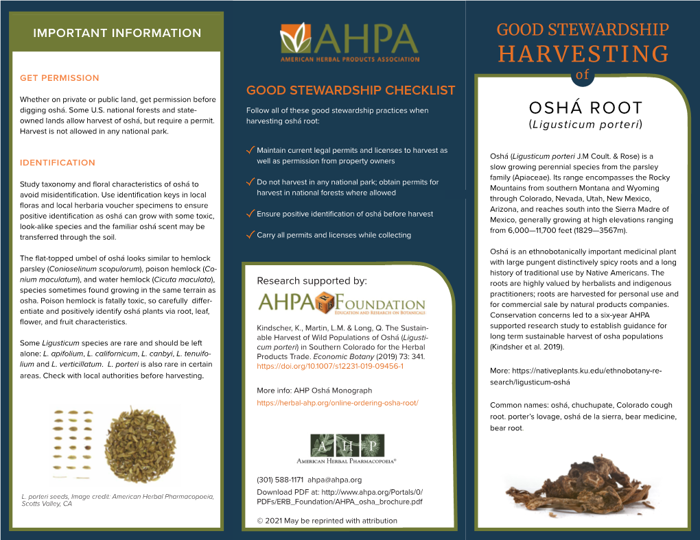 HARVESTING GET PERMISSION of GOOD STEWARDSHIP CHECKLIST Whether on Private Or Public Land, Get Permission Before Digging Oshá