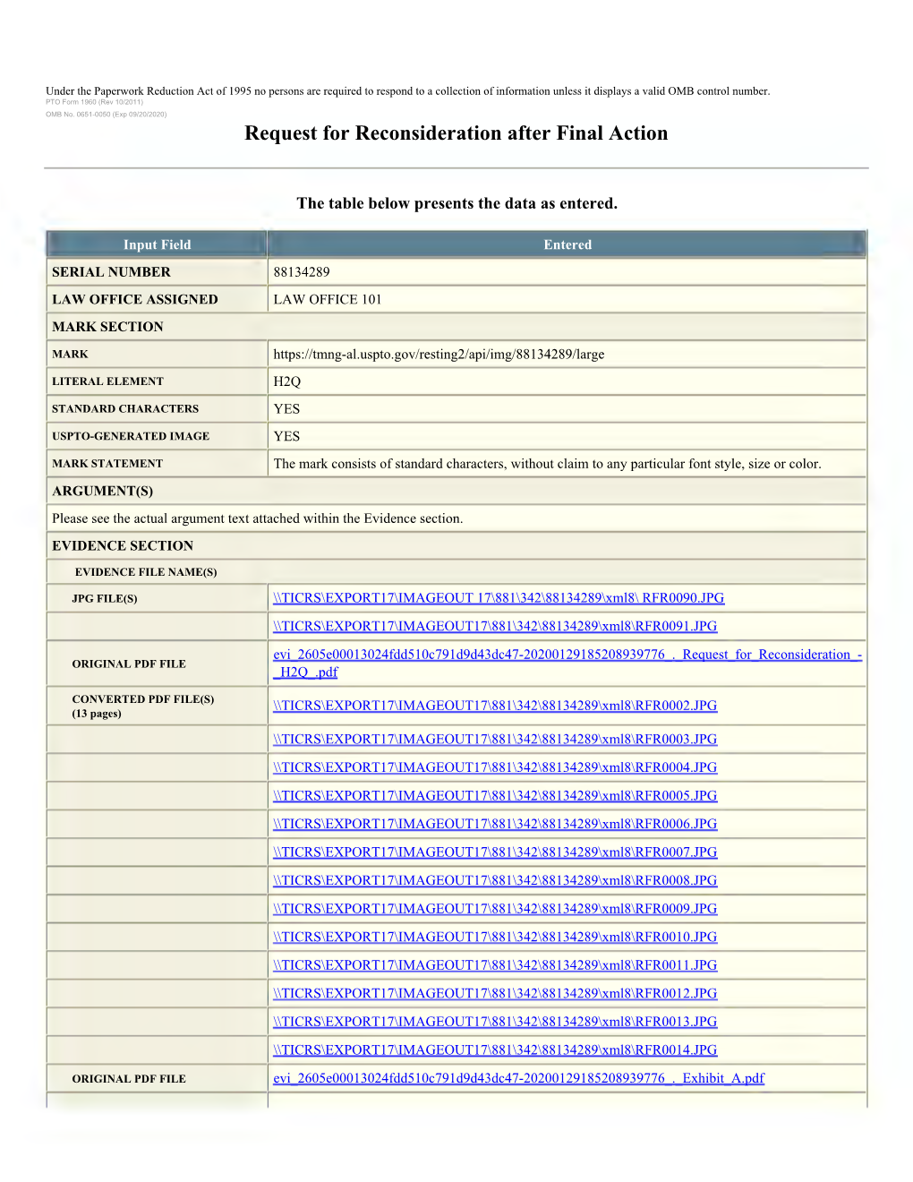 Request for Reconsideration After Final Action