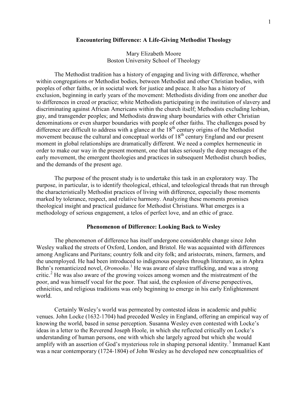 1 Encountering Difference: a Life-Giving Methodist Theology Mary Elizabeth Moore Boston University School of Theology the Method