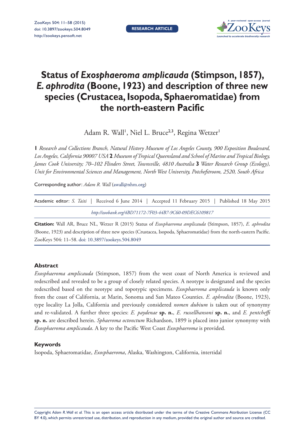 Status of Exosphaeroma Amplicauda (Stimpson, 1857), E. Aphrodita