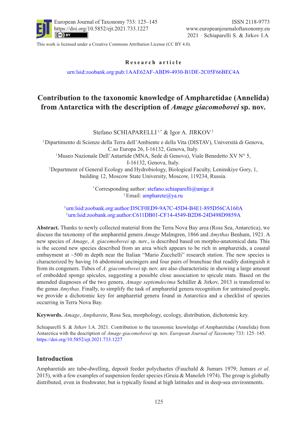 Contribution to the Taxonomic Knowledge of Ampharetidae (Annelida) from Antarctica with the Description of Amage Giacomobovei Sp