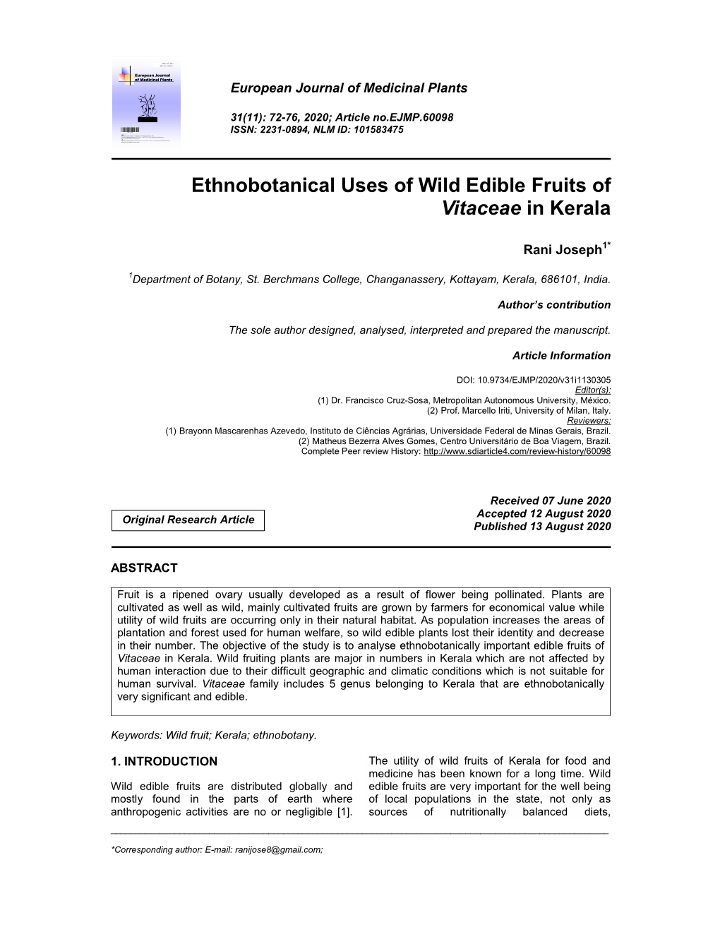 Ethnobotanical Uses of Wild Edible Fruits of Vitaceae in Kerala