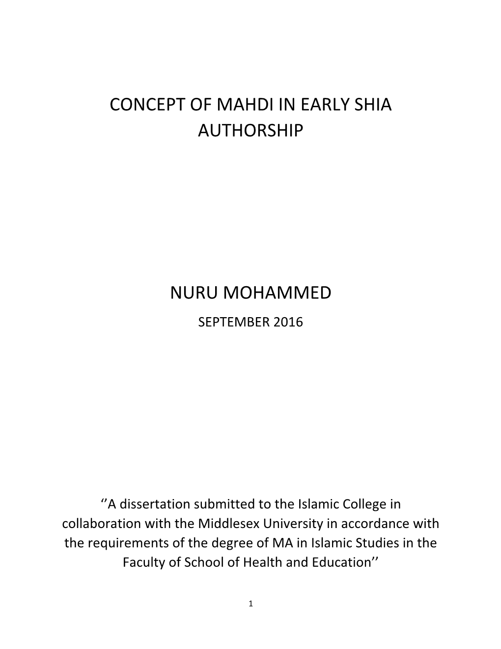 Concept of Mahdi in Early Shia Authorship Nuru Mohammed