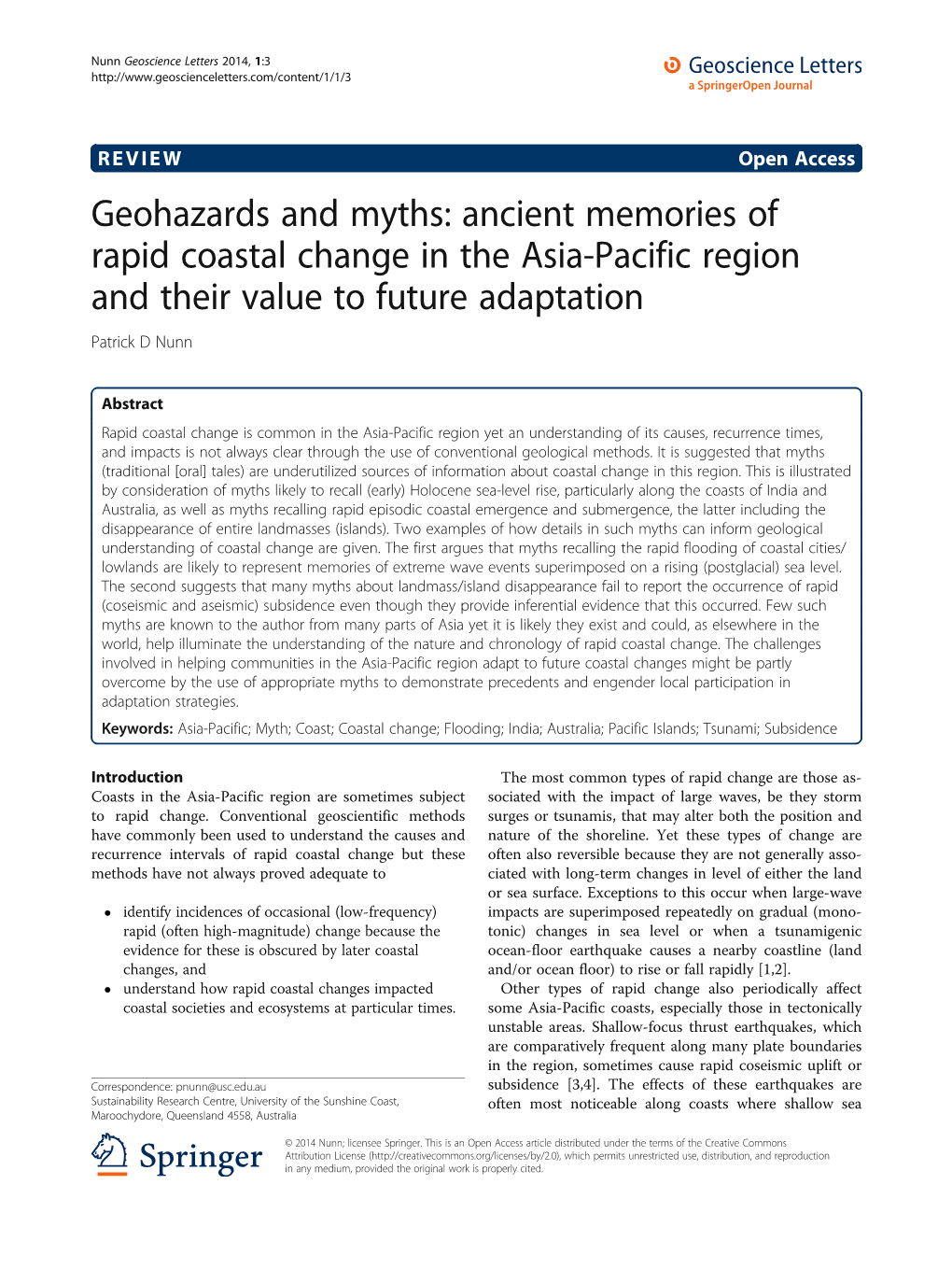 Geohazards and Myths: Ancient Memories of Rapid Coastal Change in the Asia-Pacific Region and Their Value to Future Adaptation Patrick D Nunn
