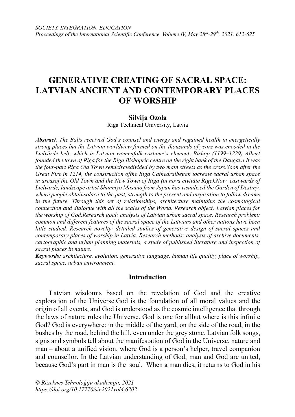 Generative Creating of Sacral Space: Latvian Ancient and Contemporary Places of Worship