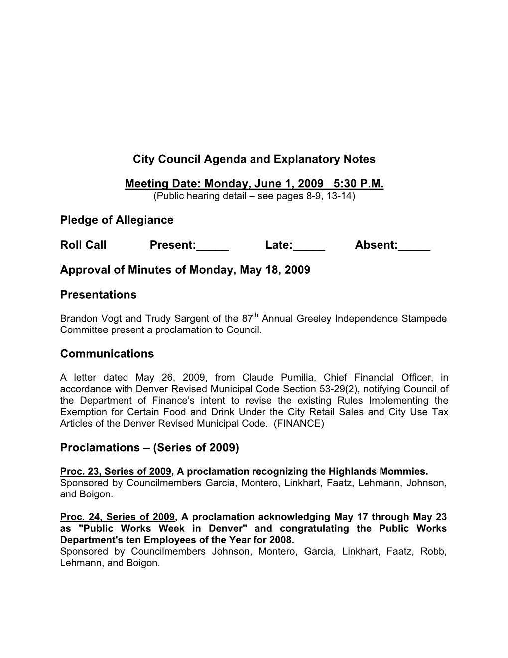 City Council Agenda and Explanatory Notes