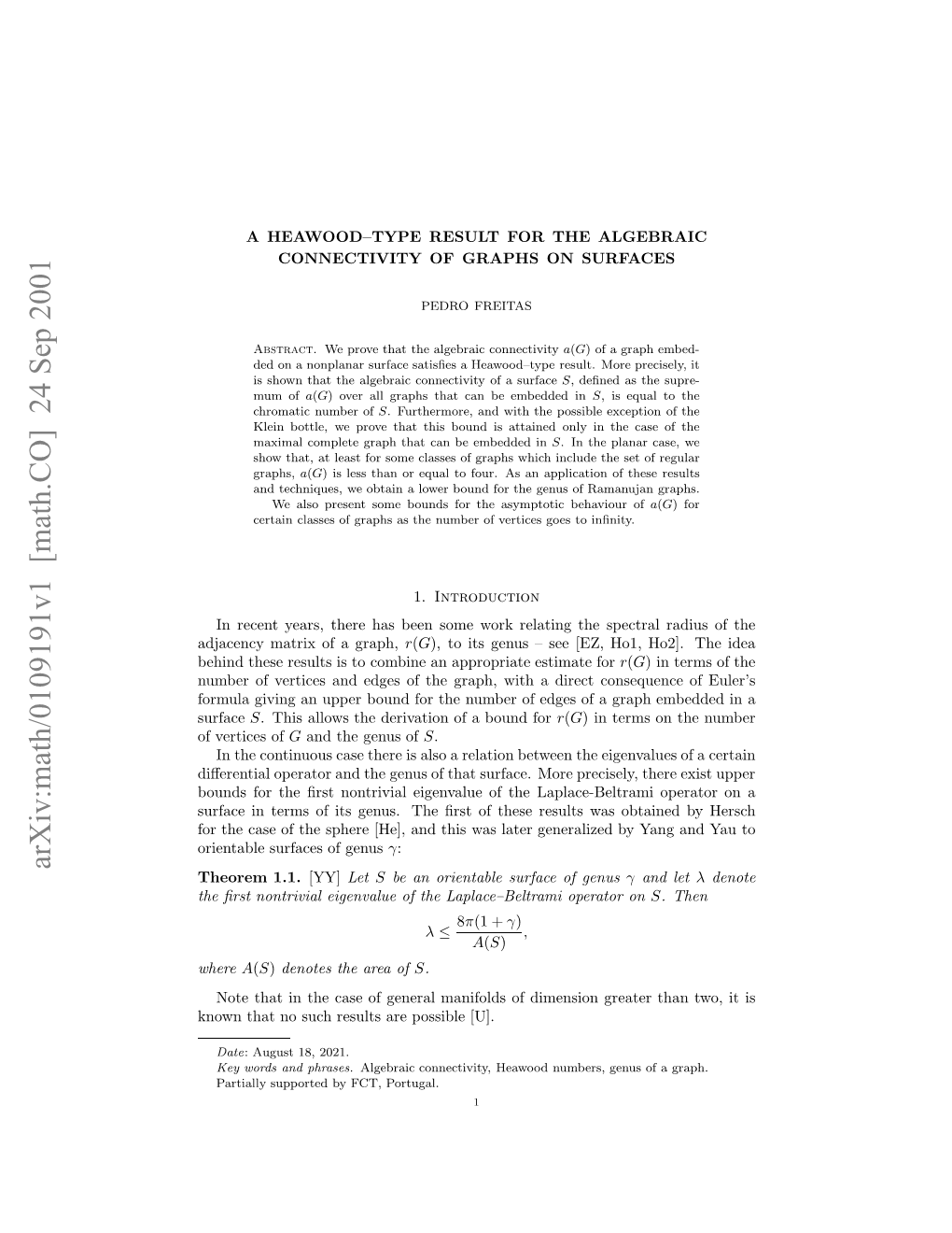 Arxiv:Math/0109191V1 [Math.CO] 24 Sep 2001 Daec Arxo Graph, a of Matrix Adjacency Nw Htn Uhrslsaepsil [U]