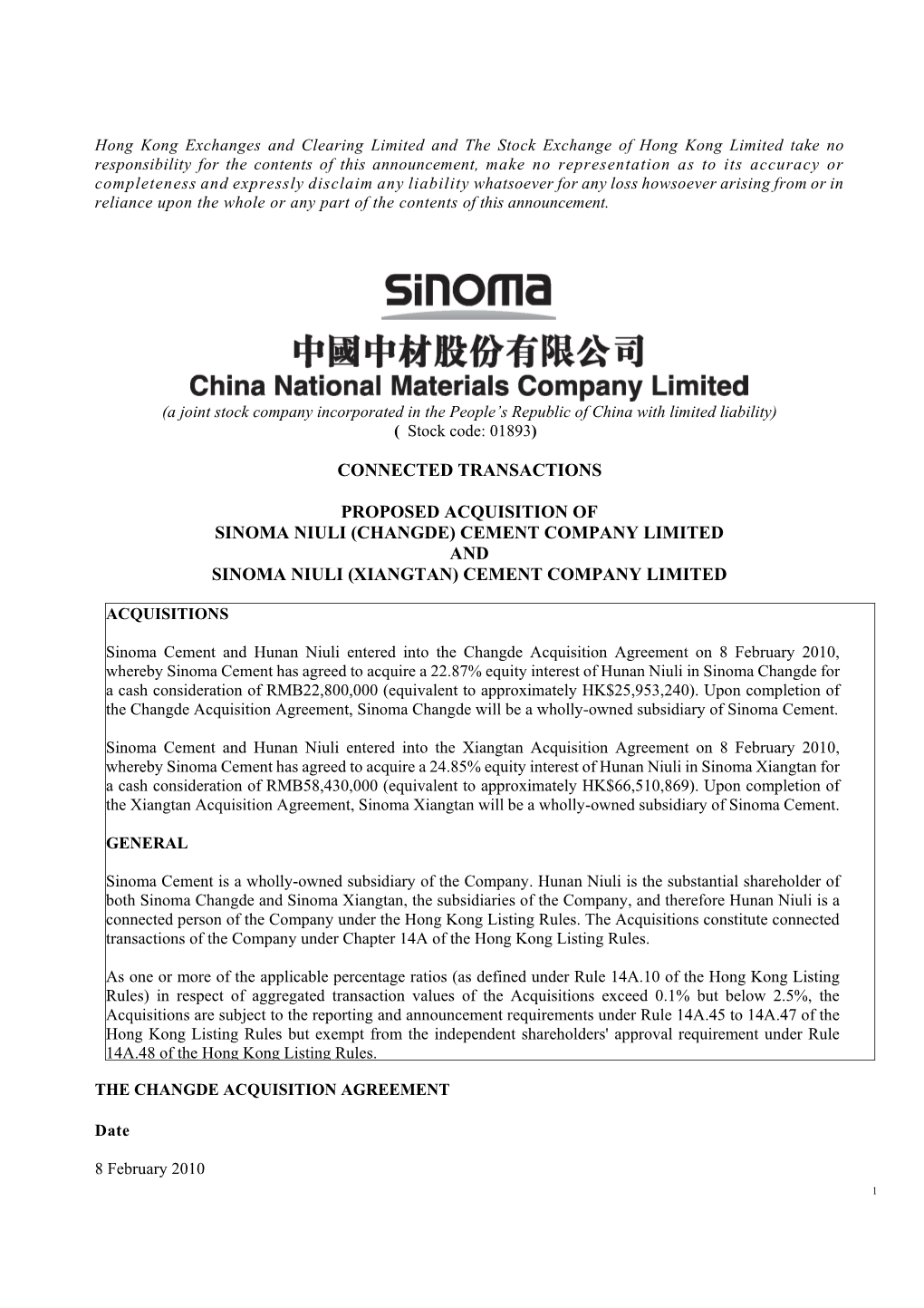 Changde) Cement Company Limited and Sinoma Niuli (Xiangtan) Cement Company Limited