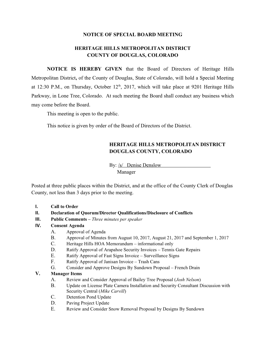 Notice of Special Board Meeting