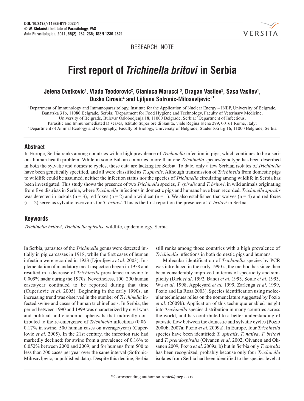 First Report of Trichinella Britovi in Serbia