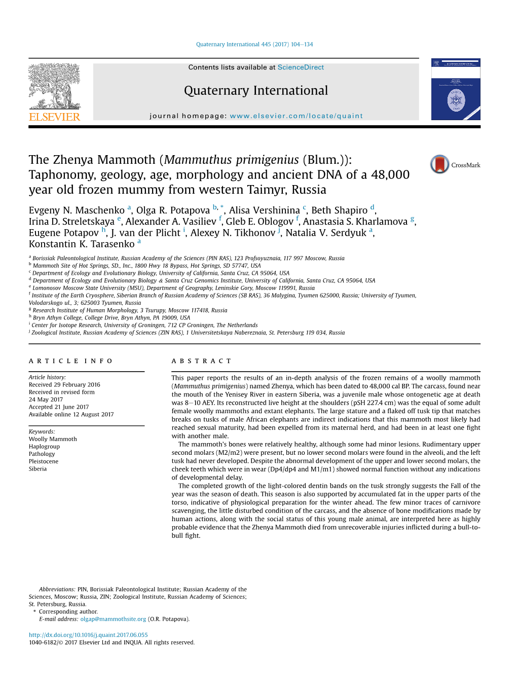 The Zhenya Mammoth (Mammuthus Primigenius (Blum.)): Taphonomy, Geology, Age, Morphology and Ancient DNA of a 48,000 Year Old Frozen Mummy from Western Taimyr, Russia