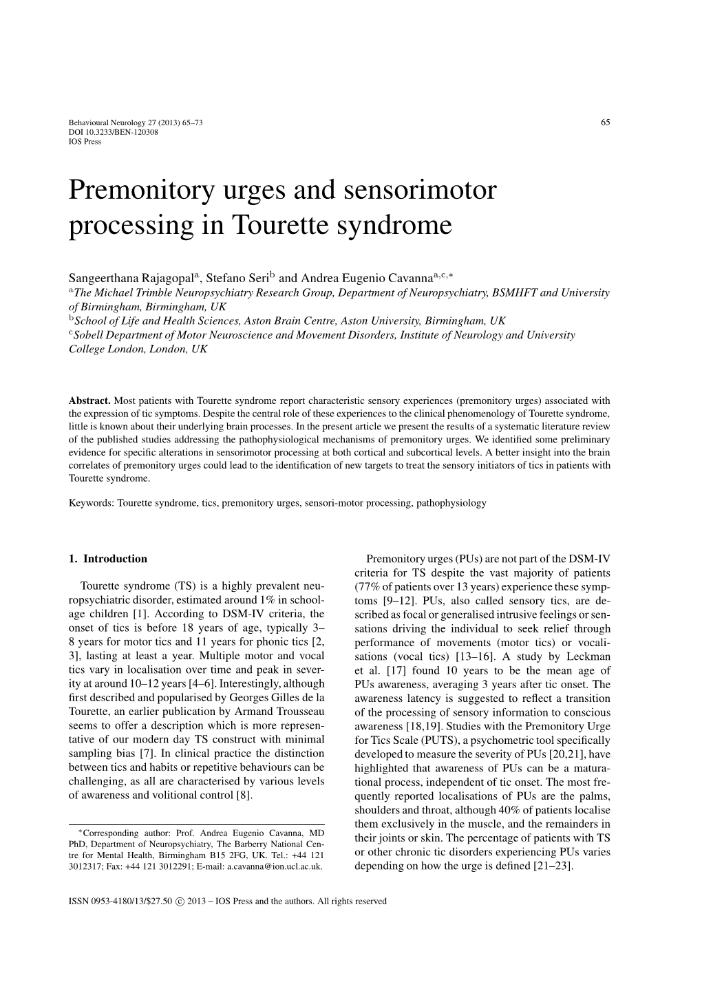 Premonitory Urges and Sensorimotor Processing in Tourette Syndrome