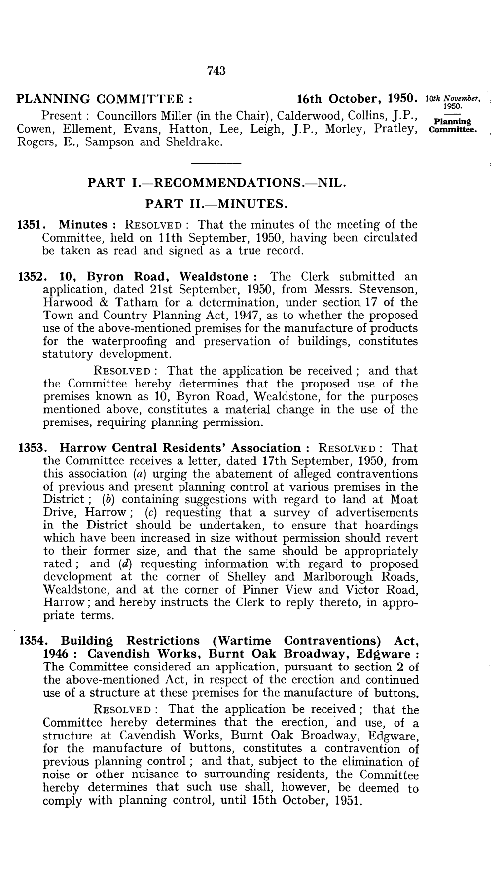 PLANNING COMMITTEE : 16Th October, 1950. \0Th November, 1950