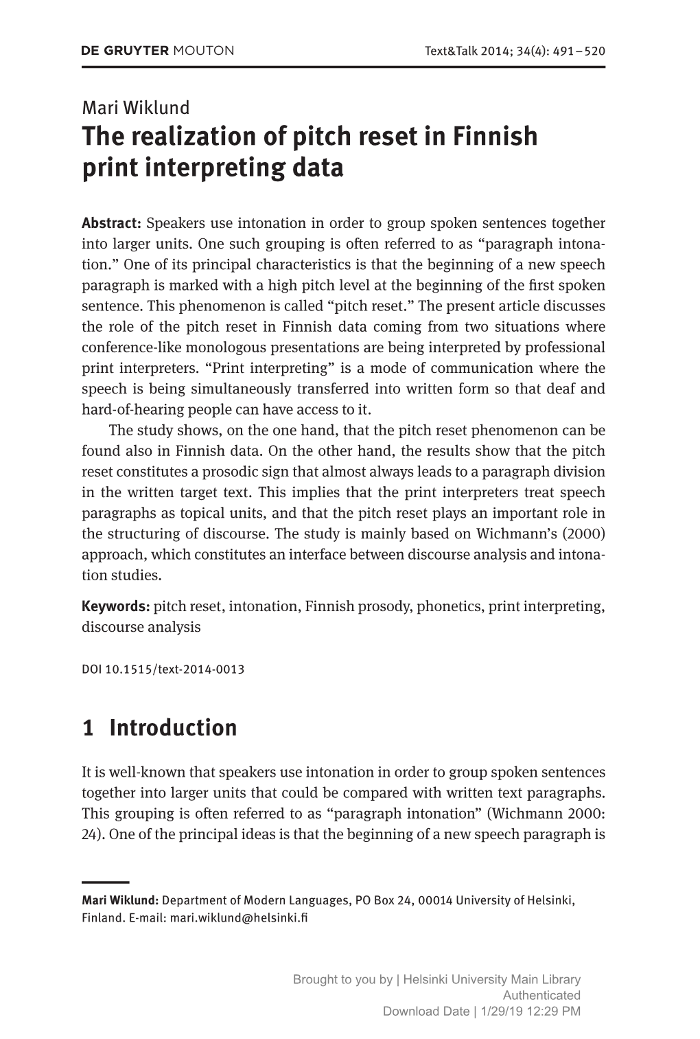 The Realization of Pitch Reset in Finnish Print Interpreting Data