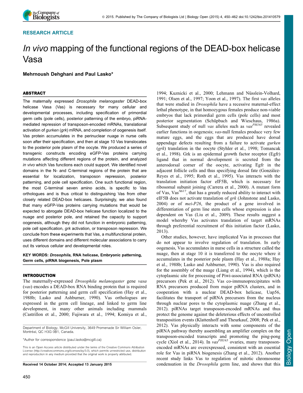 In Vivo Mapping of the Functional Regions of the DEAD-Box Helicase Vasa