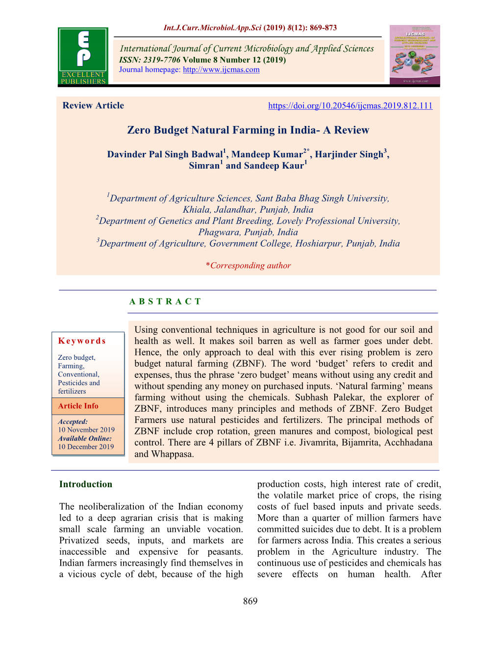 Zero Budget Natural Farming in India- a Review