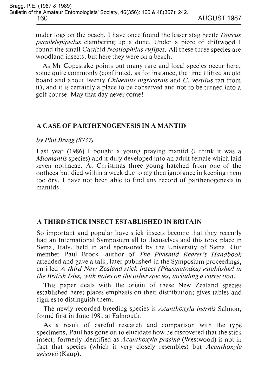 Bulletin of the Amateur Entomologists' Society, 46(356): 160 & 48(367): 242