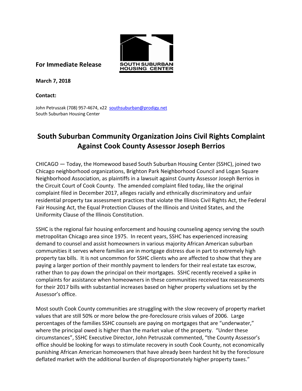 South Suburban Community Organization Joins Civil Rights Complaint Against Cook County Assessor Joseph Berrios