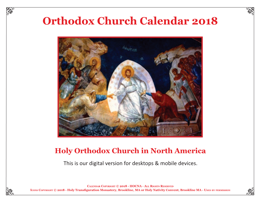 Orthodox Church Calendar 2018