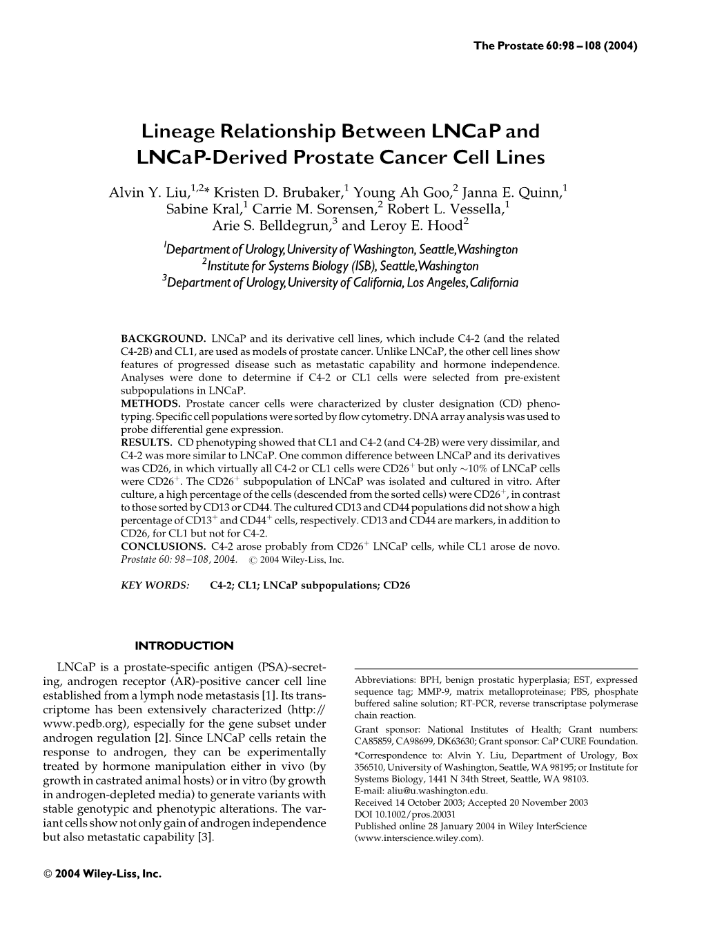 Lineage Relationship Between Lncap and Lncap-Derived Prostate Cancer Cell Lines