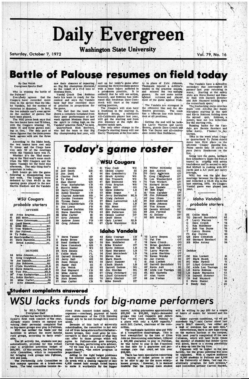 Battle of Palouso Resumes on Field Today Today's Game Roster WSU