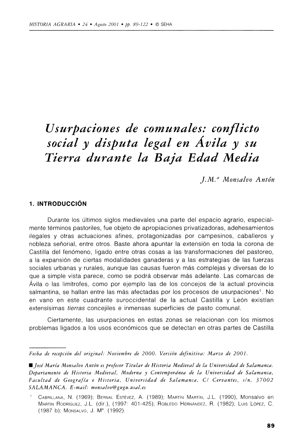 Usurpaciones De Comunales: Conflicto Social Y Disputa Legal En Avila Y Su Tierra Durante La Baja Edad Media