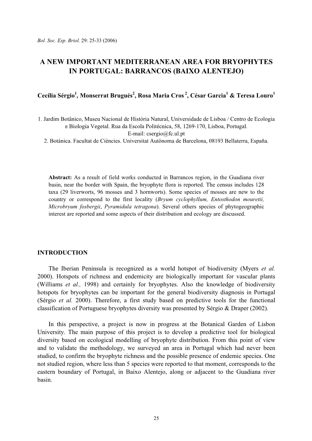 A New Important Mediterranean Area for Bryophytes in Portugal: Barrancos (Baixo Alentejo)