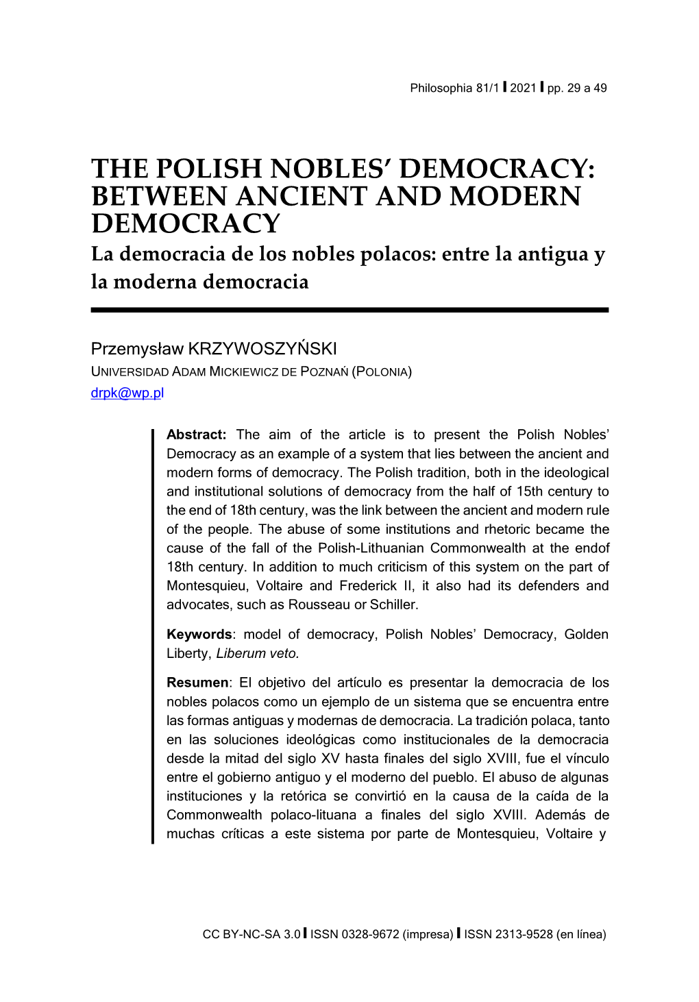 The Polish Nobles' Democracy: Between Ancient and Modern