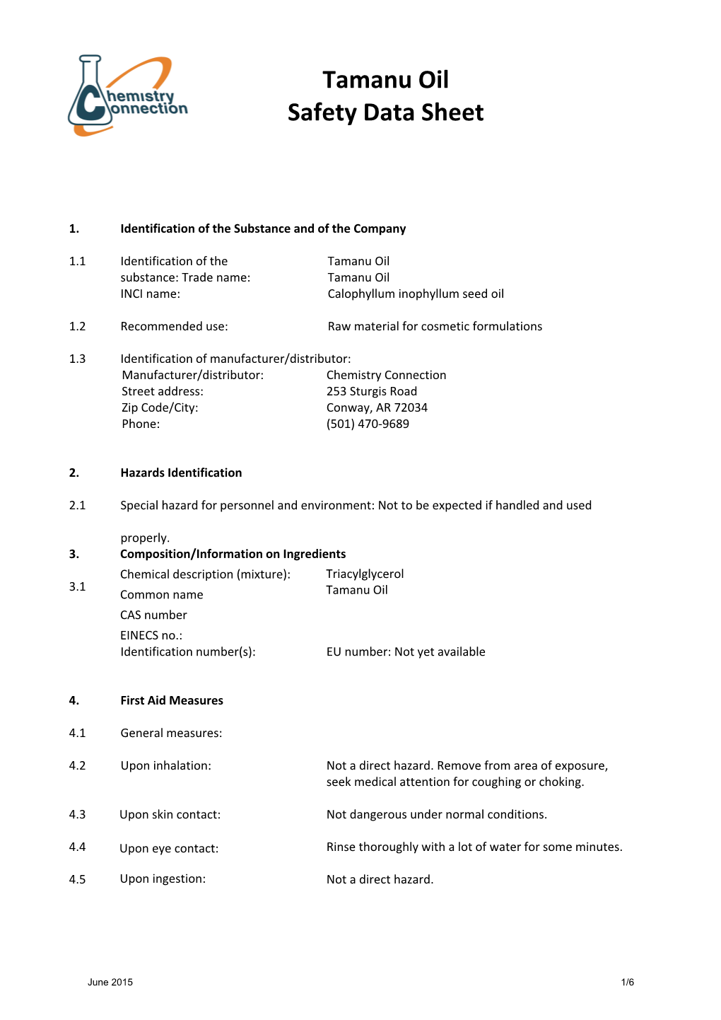 Tamanu Oil Safety Data Sheet