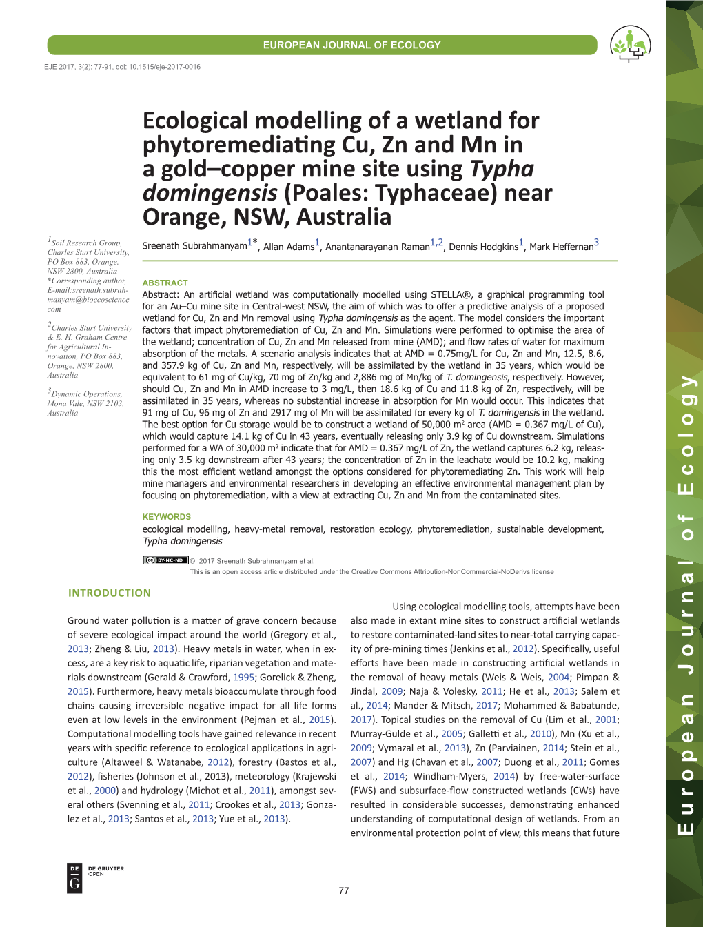 Ecological Modelling of a Wetland for Phytoremediating Cu, Zn and Mn In